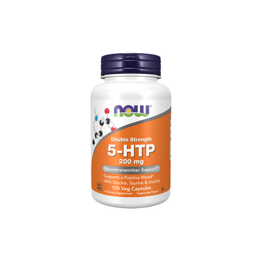 NOW Foods 5-HTP (Hydroxytryptophan) Double Strength, 200 mg, contains 120 vegetarian capsules to support neurotransmitter health and mood.